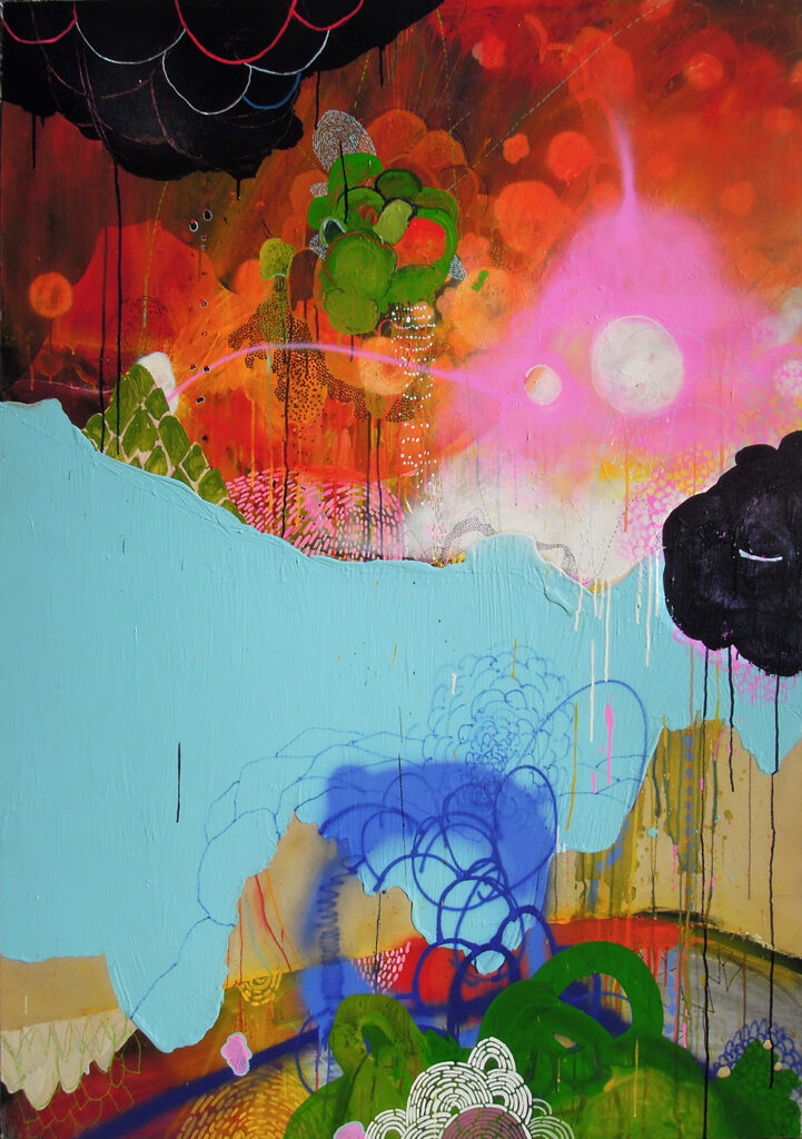 arrived and clear for pollination, 67 x 47" acrylic, beeswax on canvas