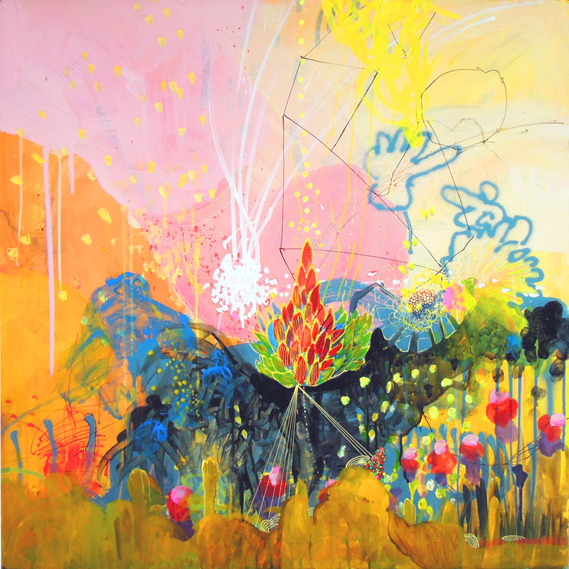 SEISMOGRAPHIC HEARTICHOKE AND THE WAKE UP MORNING LOVE DANCE ACRYLIC ON PANEL 30" X 30"