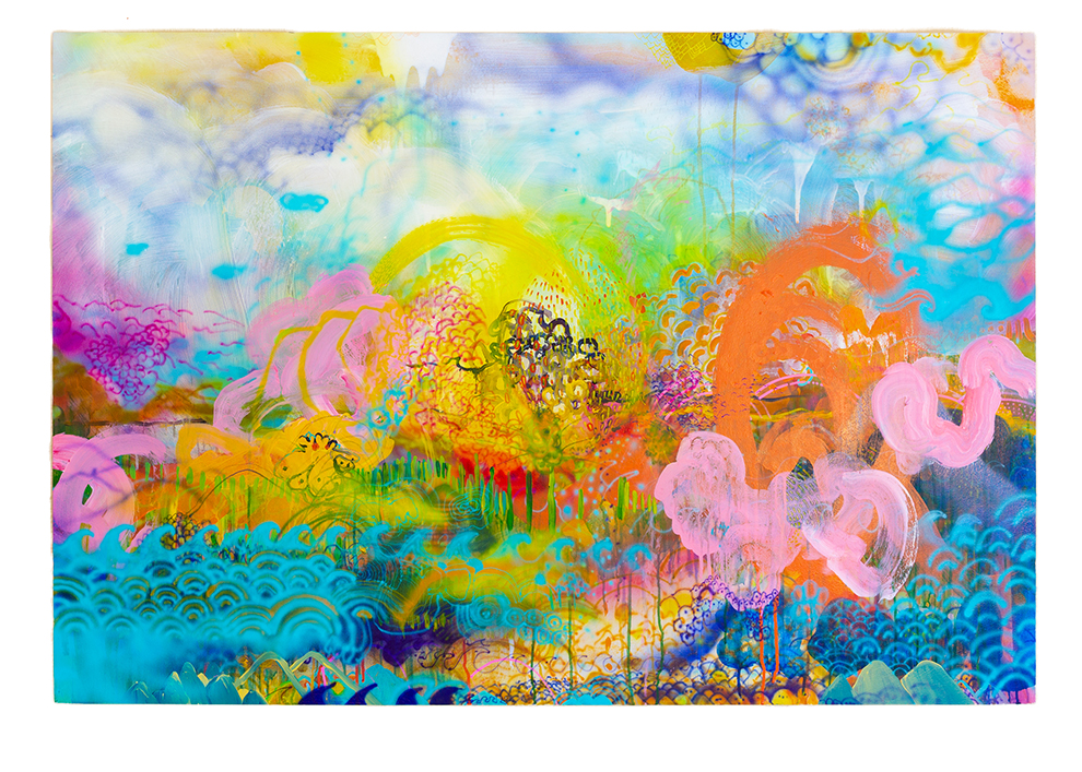 Ocean of kindness, sky of possibility 36” x 53” acrylic on wood panel.